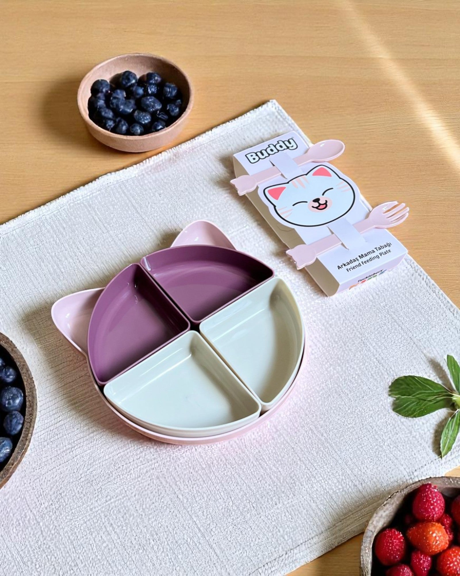 Buddy Mama Tabağı, Bebekler Ve Çocuklar İçin 7 Parça Kedi Tepsili Tabak Seti - Pembe Mor Bej