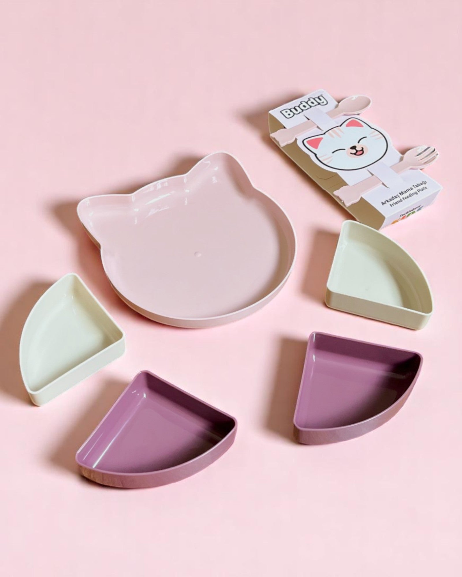 Buddy Mama Tabağı, Bebekler Ve Çocuklar İçin 7 Parça Kedi Tepsili Tabak Seti - Pembe Mor Bej